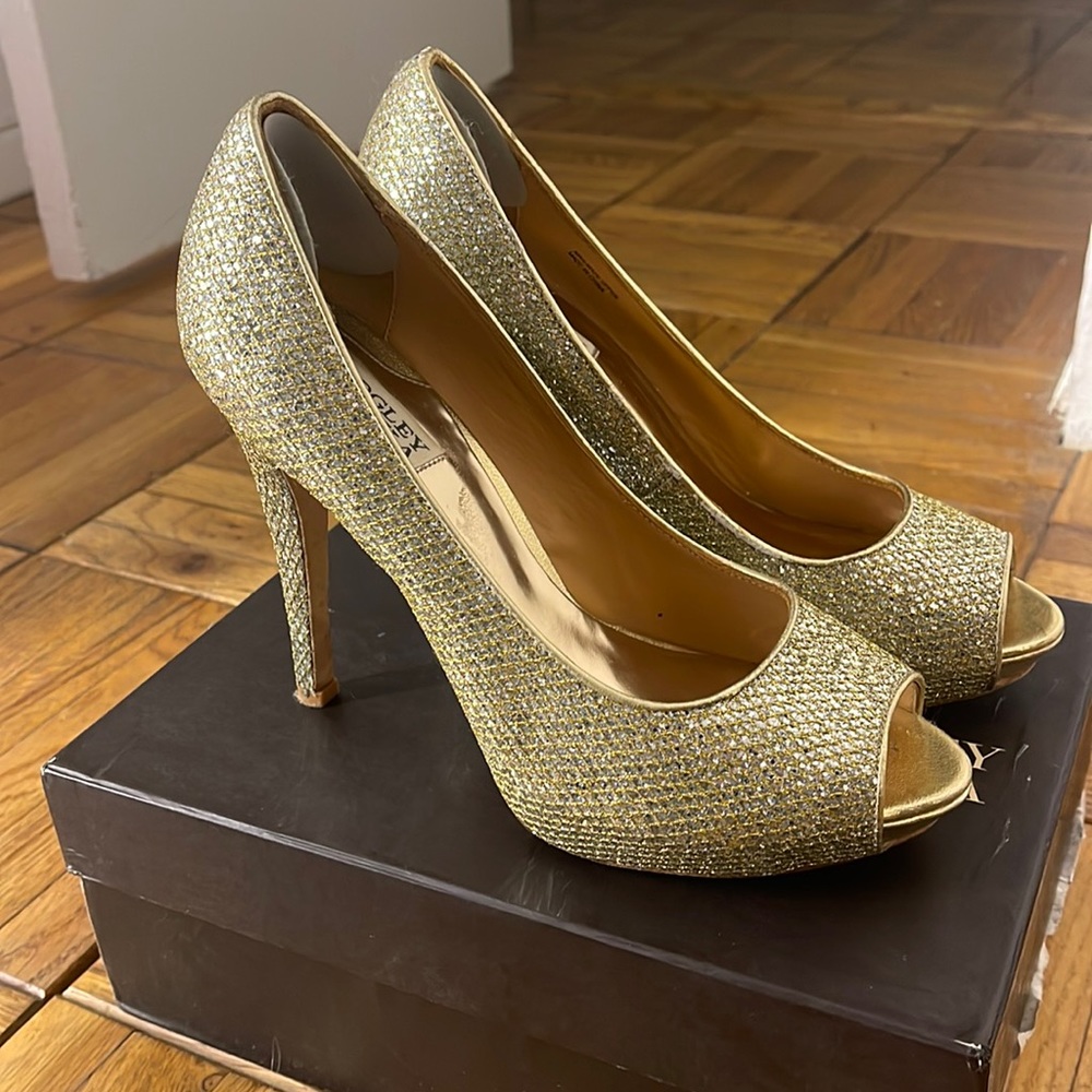 Badgley Mischa Gold Glitter Peep Toe Pumps